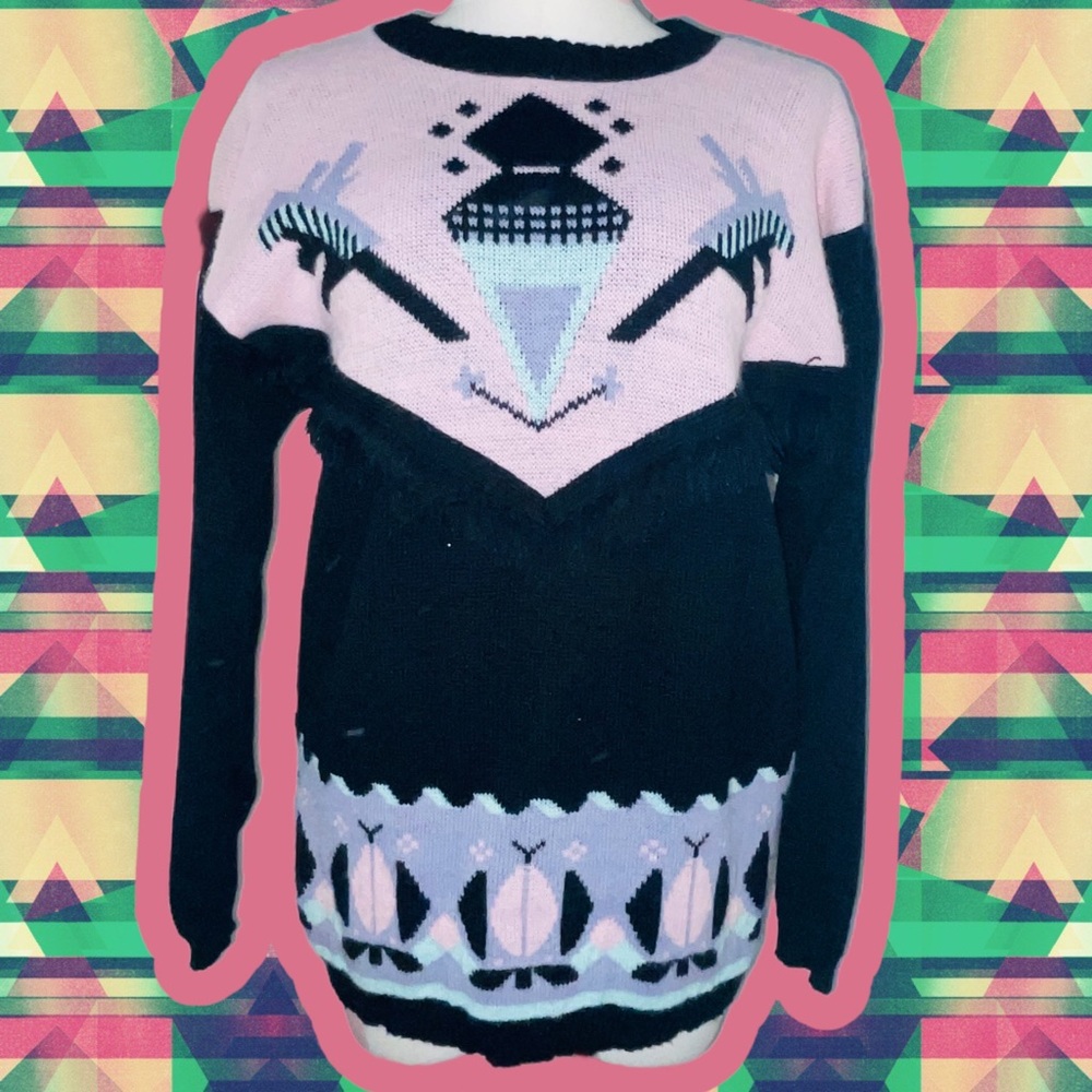 Vintage 80s / 90s Black & Pink Pastel Aztec Acrylic Sweater with Fringe